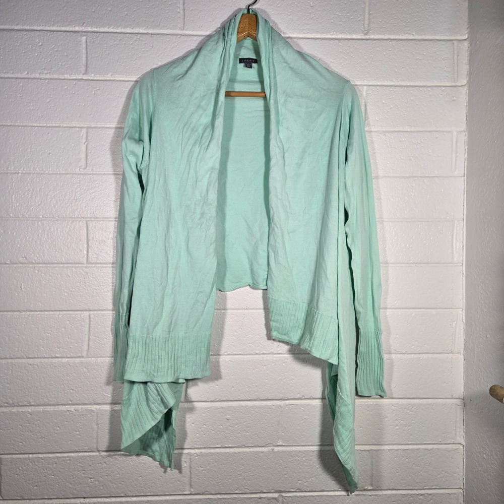 Lilla P Cardigan M/L Mint Green Pima Cotton Open Front Waterfall Drape Minimal